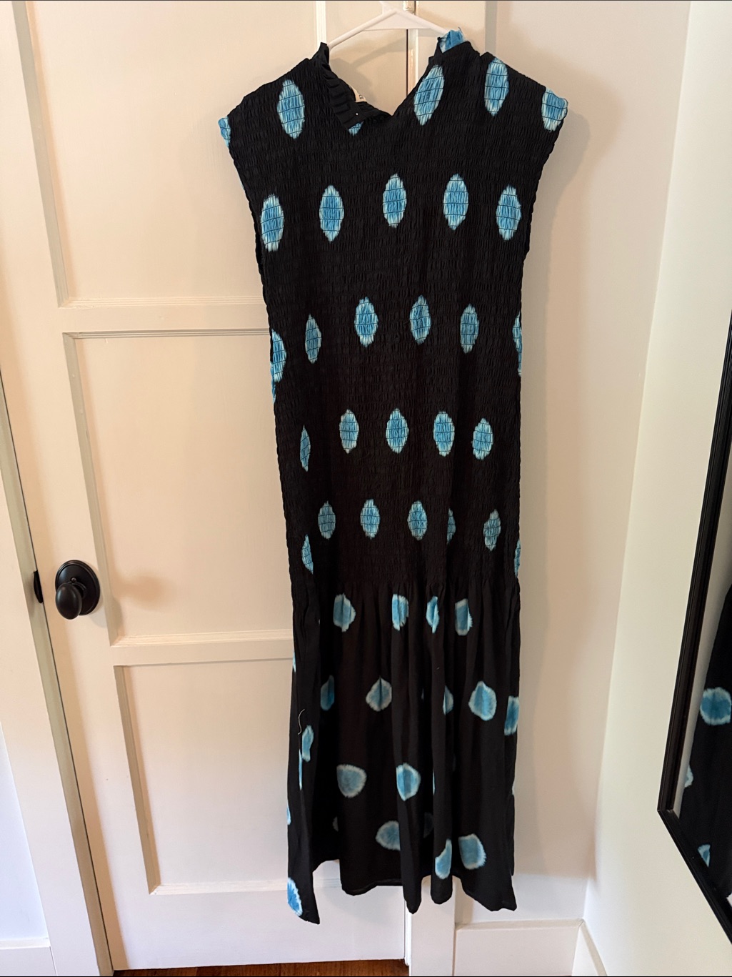 Smocked Black Maxi Dress With Blue Dot Print — image 2 of 5